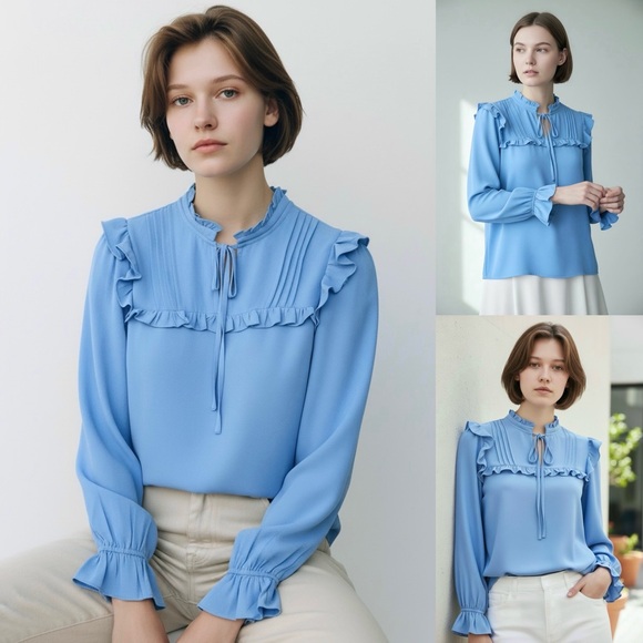 CeCe Ruffle Crepe Blouse Split Neckline with Tie Pintucks Long Sleeve Small - Picture 7 of 15